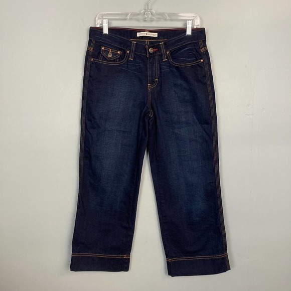TOMMY Hilfiger Dark Wash Wide Leg Cropped Jeans Women's Size 2 Light Distressing - Picture 1 of 12